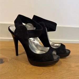 Bakers Black Suede Peep-Toe Heels